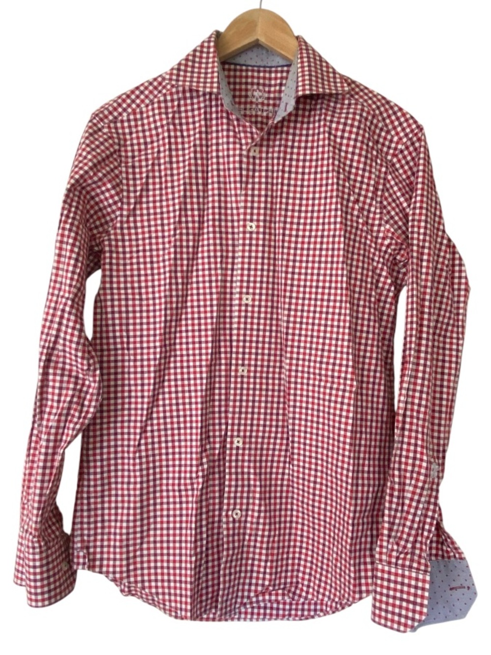 BUGATCHI Uomo Men's Red Gingham Button-Down Shirt Size 151/2 34-35